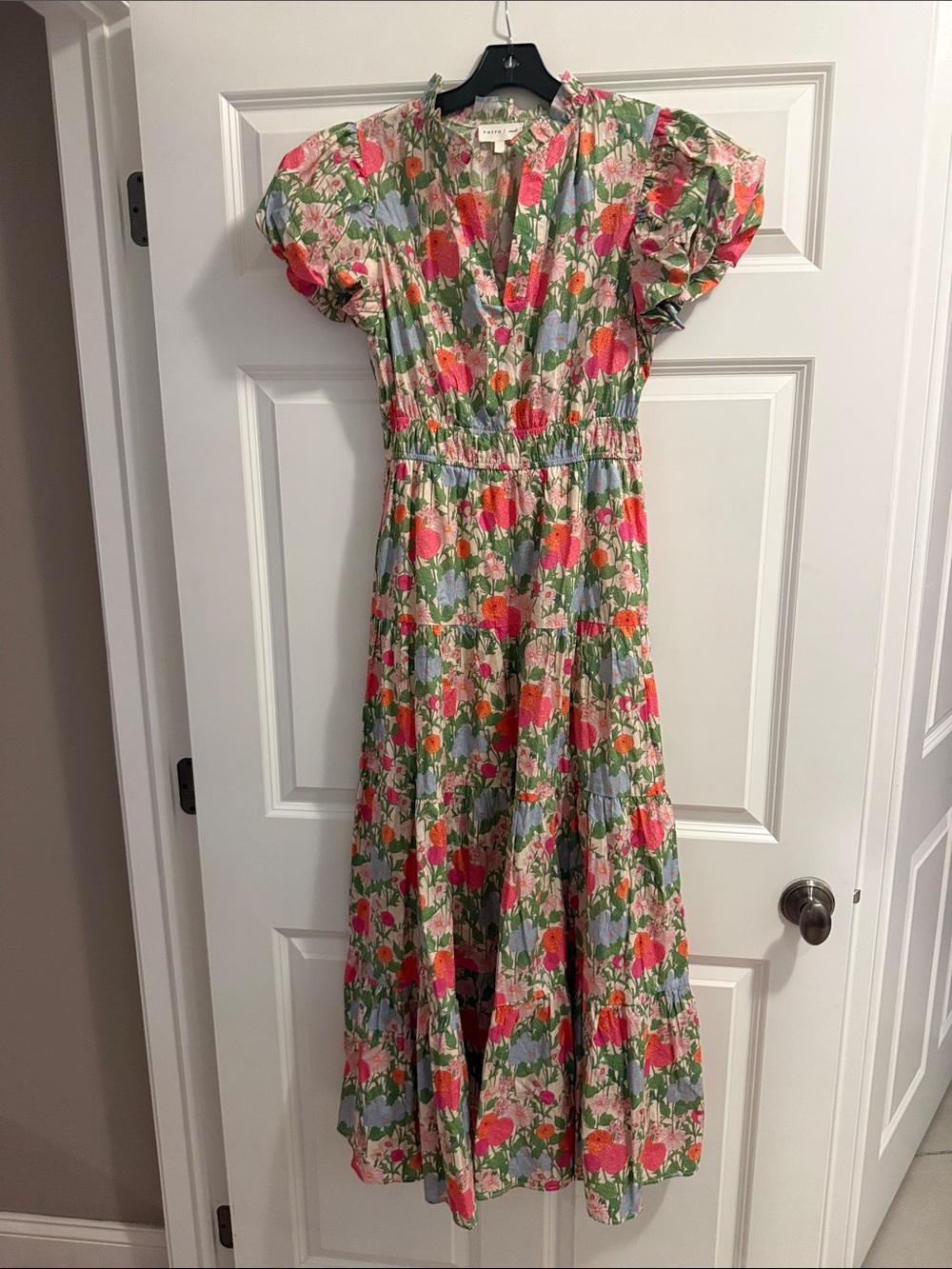 entro Floral Puff-Sleeve Tiered Maxi Dress in Pink, Green & Blue - Picture 2 of 4